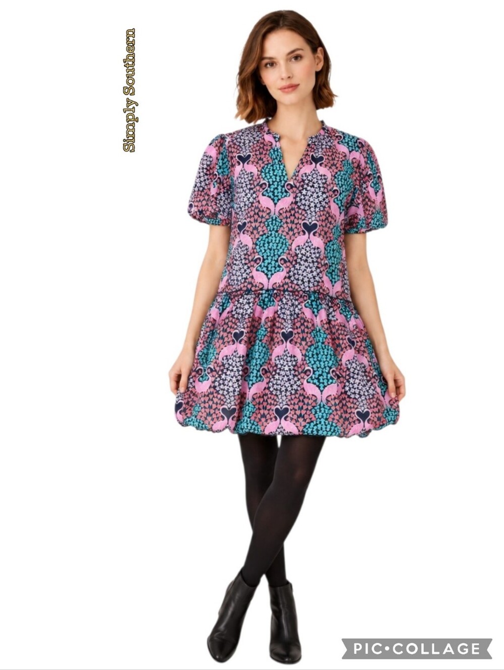 Simply Southern dress tiered pink & teal flamingo print casual 100% cotton